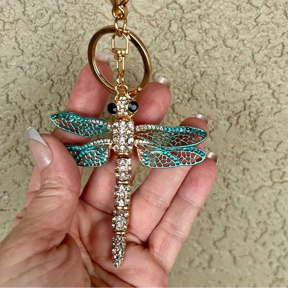 Sparkling Teal & Gold Dragonfly Keychain/Bag Charm